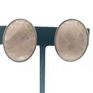 Rose Quartz Oval Clip On Earrings Silver Tone Vintage